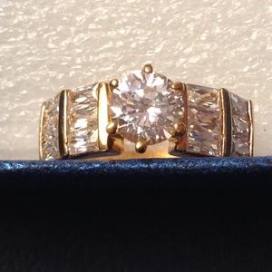 Round Faux Diamond Engagement Ring With 12 Baguettes Rose Gold Tone Size 6